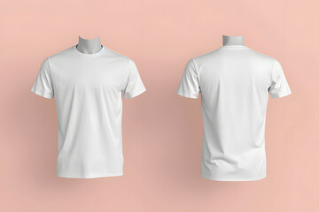 White T-shirt mockup on mannequin front and back view isolated on light pink background