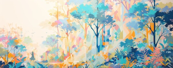 Fototapeta na wymiar A large wall mural painted, abstract landscape with tall trees and mountains, with women in dresses walking through an ancient city, in bright colors of turquoise