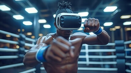 uses a virtual reality headset for kickboxing to change a black athlete's workout regimen. - obrazy, fototapety, plakaty