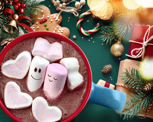 Merry Christmas composition with Marshmallows couple in mug with hot chocolate