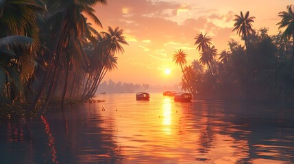 Sunset Over Serene Backwaters of Kerala: A Cinematic Depiction of Traditional Houseboats and Palm Trees