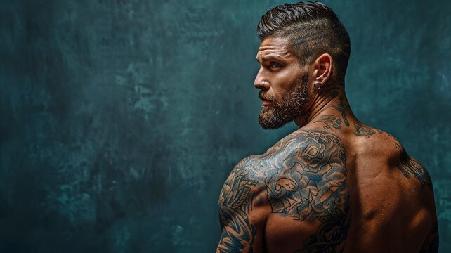 Strong man with a back tattoo in front of a dark background.