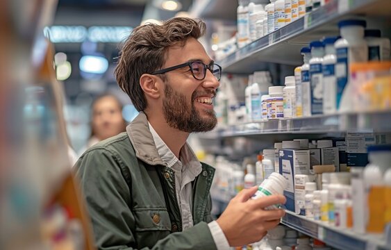 man uses a young pharmacist's assistance in the pharmacy to select medication.
