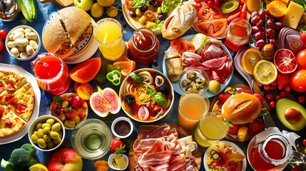 Vibrant Assortment of Delectable Meals and Refreshing Beverages - obrazy, fototapety, plakaty