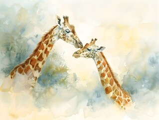 Elegant Watercolor Giraffes Mingling with Wispy White Clouds in a Serene Nature Landscape