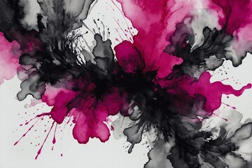 abstract watercolor pink and black color paint swirls on white background