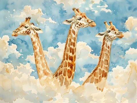 Elegant Watercolor Giraffes Mingling with Wispy White Clouds in Serene Savanna Landscape