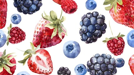 Watercolor Fruit Pattern Featuring Freshly Picked Berries on a Sunny Day