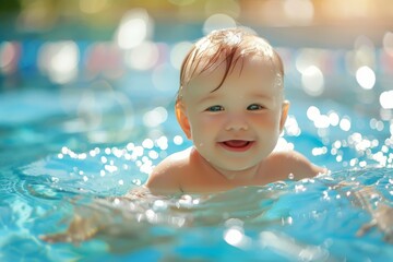 Fototapeta na wymiar Adorable baby enjoying summer fun in swimming pool, happy childhood moments