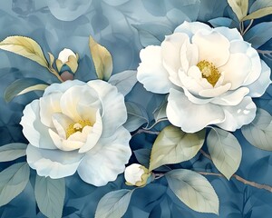 Soothing Watercolor Camellias Embodying Gentle Love Nestled in Whites