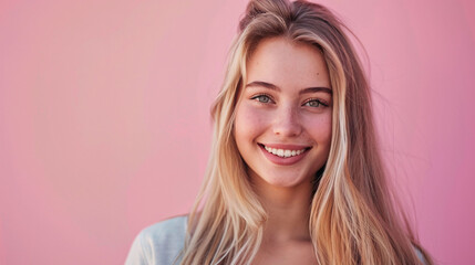 Smiling young woman with blonde long groomed hair isolated on pastel flat background with copy space