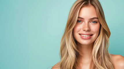 Naklejka premium Smiling young woman with blonde long groomed hair isolated on pastel flat background with copy space