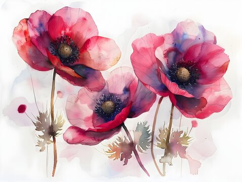 Enchanting Watercolor Anemones Softly Dancing Against a Pristine Background