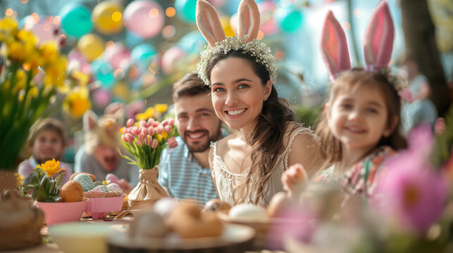 Joyful Easter Celebration with Family. Festive family enjoying Easter with colorful eggs, flowers, and bunny ears in a bright setting.