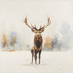 Majestic Watercolor Stag Standing Tall in Snowy Ethereal Landscape
