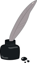 vector flat illustration of black ink with fountain pen. ink and feather isolated on transparent background.ink icon