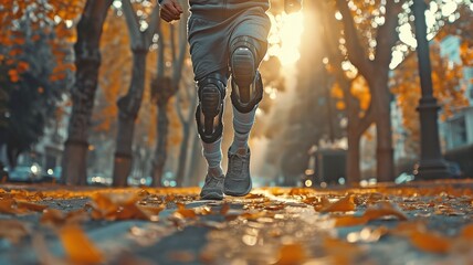 A guy jogging with a prosthetic leg. - obrazy, fototapety, plakaty