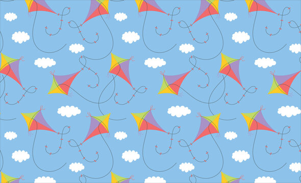 seamless pattern with kites. vector illustration of kites flying in the sky. cute cartoon flat kite pattern for children