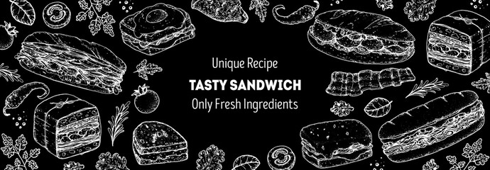Tasty sandwich frame. Menu design template. Sandwich sketches. Unique recipe. Hand drawn vector illustration.
