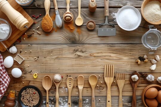 Assorted cooking utensils and kitchenware on wooden table, top view food preparation background