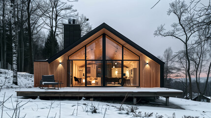 Scandinavian simplicity exterior, a timber-clad cabin with large - obrazy, fototapety, plakaty