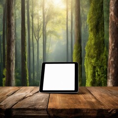 tablet pc on the wood.an artistic composition symbolizing the harmony between technology and nature, with a tablet displaying a blank white screen against a backdrop of natural wooden textures. Experi