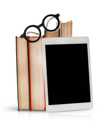 Books, digital tablet, round glasses isolated on white background. online learning concept