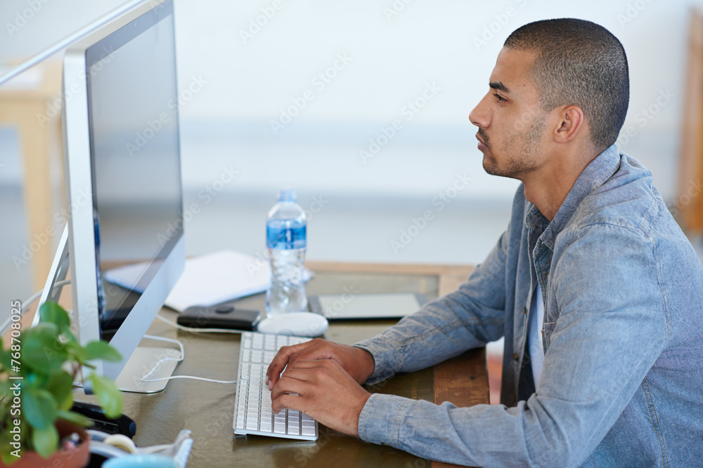 Poster business man, reading and planning on computer for creative project, research and online editing or 