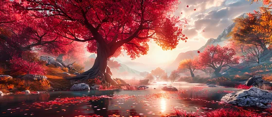 Tuinposter Enchanted Forest: The Suns Rays Peeking Through Autumn Leaves, A Canvas of Warmth and Mystery © MDRAKIBUL