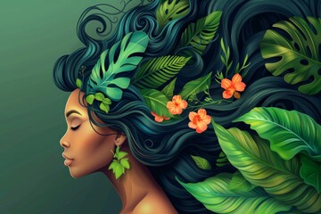 abstract background for hairstyle appreciation day, girl with rainforest in her hair - obrazy, fototapety, plakaty