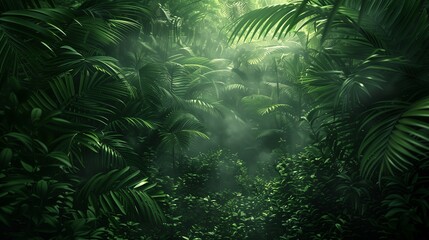 Natural tunnel in tropical jungle forest. Lush, foliage and trees of evergreen dense rain forest.