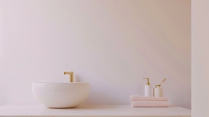 Elegant bathroom setup with round basin and gold accessories on a marble countertop. Interior design mockup with soft lighting and space for text - obrazy, fototapety, plakaty
