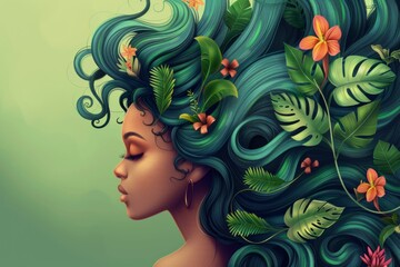 abstract background for hairstyle appreciation day, girl with rainforest in her hair - obrazy, fototapety, plakaty