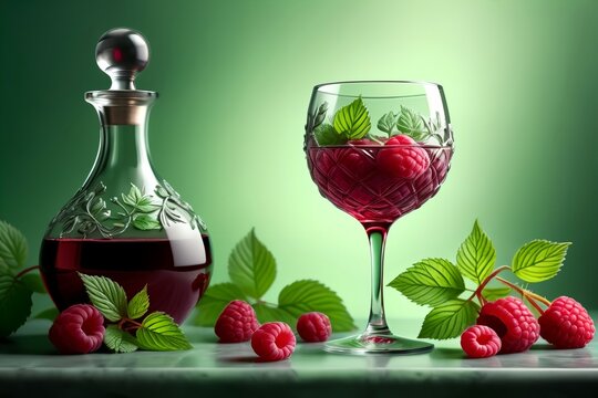raspberry liqueur, wine in a glass isolated on a green background