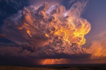 Thunderstorm Cumulonimbus Cloud with Lightning Strike in Dramatic Landscape. Nature's Fury on Display in the Skies Above. - obrazy, fototapety, plakaty