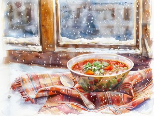 Borscht in a ceramic bowl, light from a snowy window - in a set of a cozy Eastern European cafe, winter season - focus on product - watercolor pencil illustration - obrazy, fototapety, plakaty