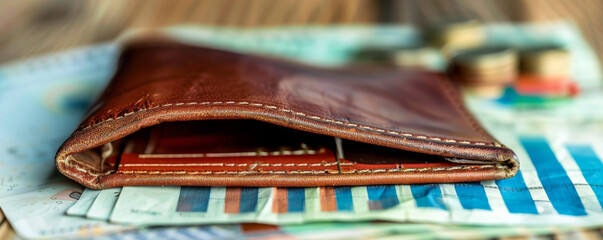Close-up of an empty wallet with economic graphs in the background, depicting personal financial strain