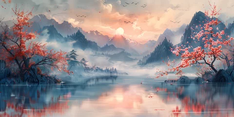 Outdoor-Kissen Traditional eastern art. Ink painting. Zen. ancient scroll. Fantasy landscape panorama. Background wallpaper, poster, invitation, flyer, banner, email, header, social media post. Generative Ai content © Evgeniy