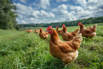 A flock of free-range chickens enjoying a sunny day in a lush green field, highlighting sustainable farming practices.