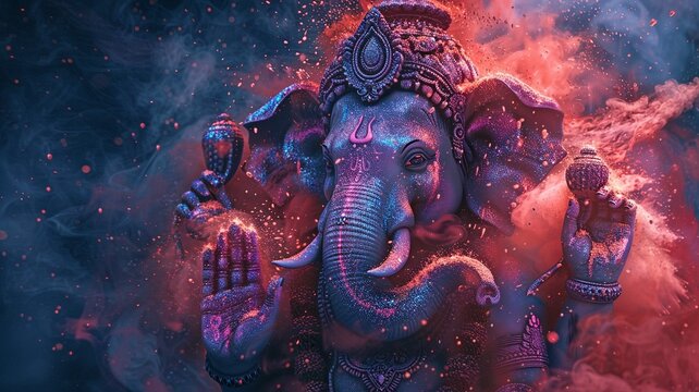 Ganesha image with a splash of Holi dust on a dark backdrop.