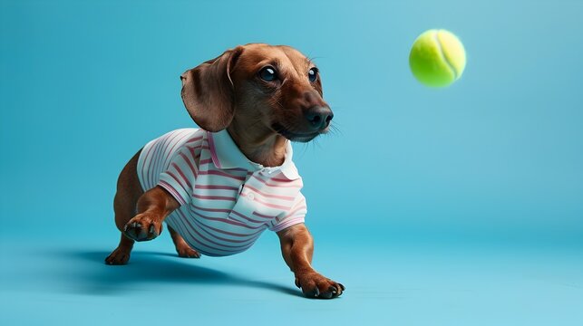 Dachshund Pup Playing Tennis with Miniature Ball in Striped Polo Shirt on Blue Background