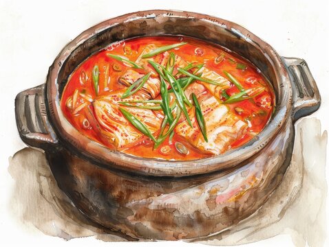 Kimchi Jjigae in a stoneware pot, warm light from a small Seoul kitchen - in a set of a traditional Korean home, winter season - focus on product - watercolor pencil illustration