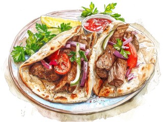 Lamb Gyro on a warm pita plate, afternoon light from a Mediterranean seaside - in a set of a Greek island taverna, summer season - focus on product - watercolor pencil illustration