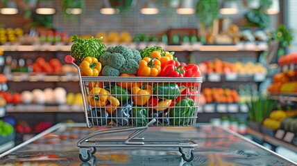 grocery cart loaded with fruits and vegetables against a backdrop of the store - obrazy, fototapety, plakaty