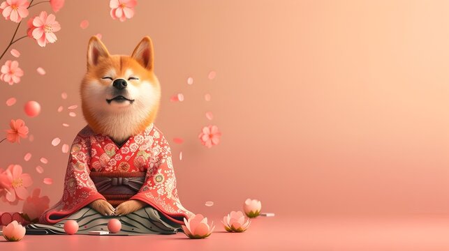 Surreal of a Shiba Inu Playing Hanafuda Cards in Elegant Kimono