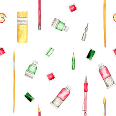 pencils and brushes with paints are drawn in watercolors, seamless pattern for wallpaper, packaging and textiles