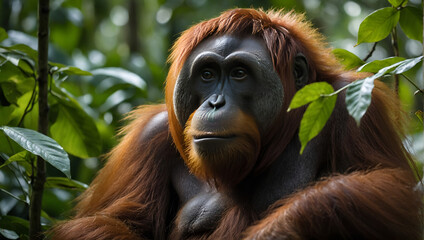 Borneo Wildlife Portrait: Endangered Orangutan and Baby in Rainforest