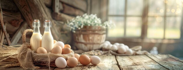 a basket alongside glass bottles brimming with milk on a rustic wooden table, accentuated by the picturesque beauty of a farm background, exuding brightness and photorealism.