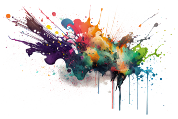 Multicolored abstract paint splash with drips isolated on transparent background, png file