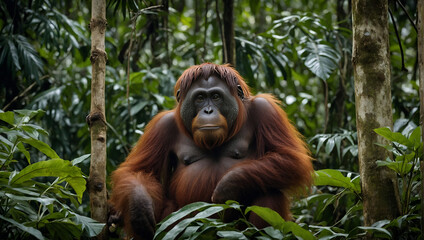 Borneo Wildlife Portrait: Endangered Orangutan and Baby in Rainforest